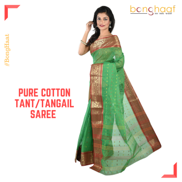 Pure Cotton Tant/Tangail Saree in Green and Thick Red Border with Gold Zari